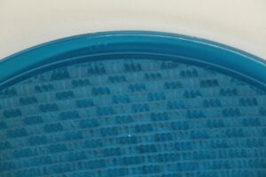 Close-up of a convex blue glass panel with a textured surface and rounded edge.
