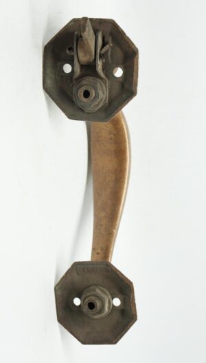 Antique bronze door pull handle with octagon plates, thumb latch, and a signed lower plate marked 2761.