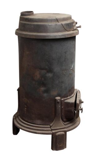 Cast iron wood burner with a black finish, shown as a tall cylindrical stove with a front door, side latch, and short flue opening on top.