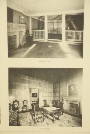 Framed black-and-white photo print showing the entrance hall above the dining room, with two labeled interior views and a light wood frame.