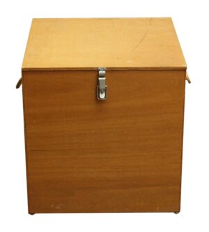 Wooden storage box with a metal latch and rope handles, shown closed in a light wood tone.