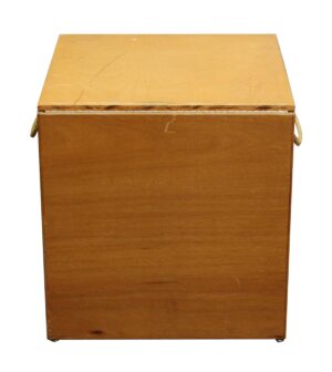 Light wood tone storage box with rope handles shown closed from the front, featuring a hinged top and slightly used surface.