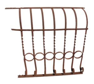 Salvaged wrought iron railing section with curved vertical bars and ring details, shown front on.