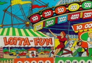 Colorful pinball machine artwork shows the LOTTA-FUN title, score numbers, and carnival-themed illustrations.
