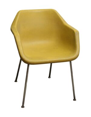 Yellow molded plastic chair with a chrome frame and four slender legs, shown from the front at a slight angle.
