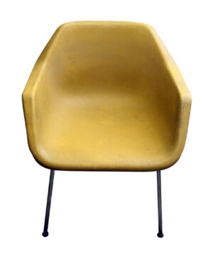 Yellow molded plastic chair with a rounded shell seat and slim chrome legs, shown from the front.