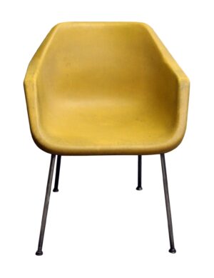 Yellow molded plastic chair with a chrome frame, shown from the front.