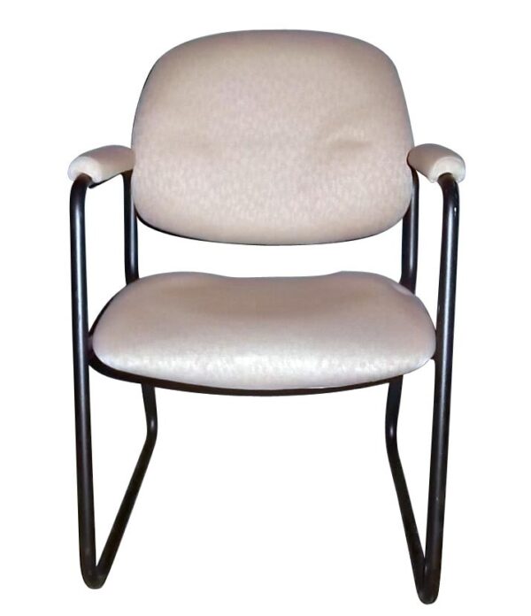 Mid-century office chair with a white seat and backrest and a black steel frame.