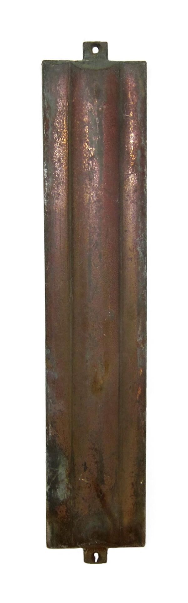 Vertical antique bronze letter plaque with a narrow rectangular shape and mounting tabs at the top and bottom, shown front view with visible wear.