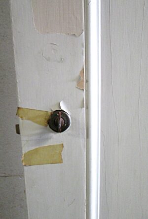 Close-up of a white wood passage door showing the edge and a round knob area, with one vertical panel visible.