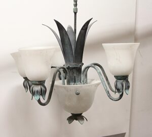 French 1980s five-arm chandelier with frosted glass shades and green metal leaf details.