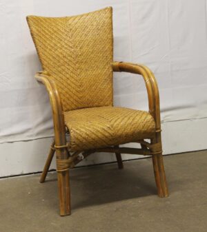 Vintage tan wicker chair with a wooden frame, shown in a front view with woven back and seat and curved arms.