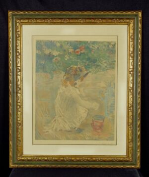 Framed and matted impressionist print showing a little girl, with a carved floral wood frame and visible signature along the lower edge.
