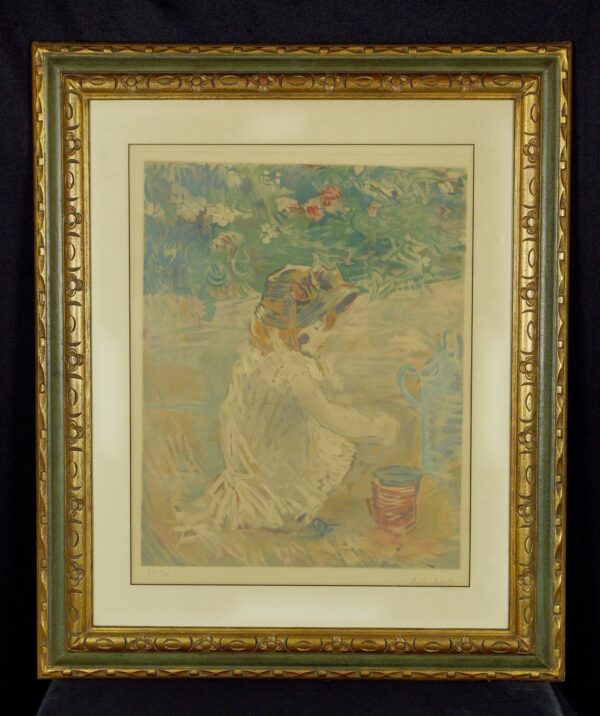 Framed and matted impressionist print showing a little girl, with a carved floral wood frame and visible signature along the lower edge.