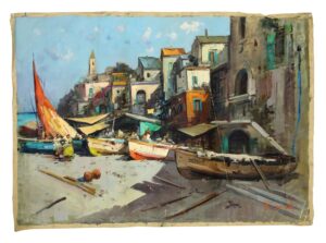 Unframed canvas oil painting of a marina village with boats and clustered buildings, signed in the lower right corner, showing visible age wear along the edges.