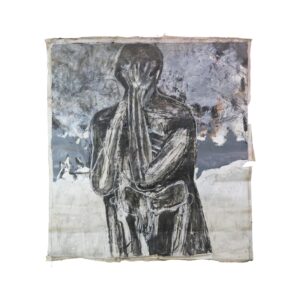 Mixed media canvas painting of a distressed abstract figure in black, blue, gray, and white with visible peeling, cracking, and tears.