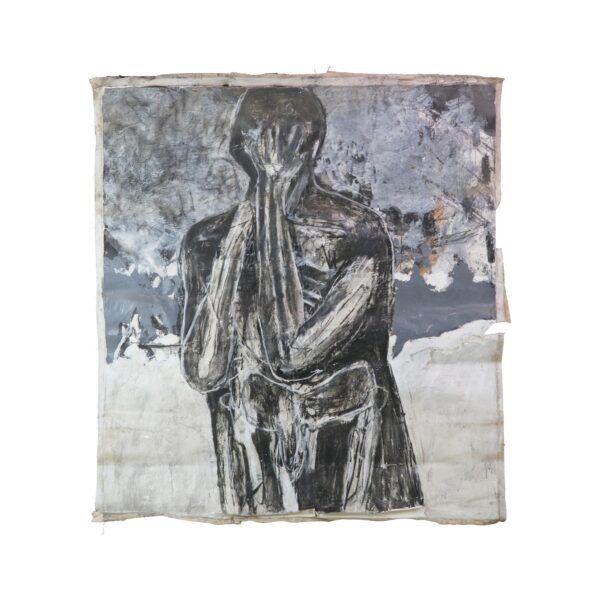 Mixed media canvas painting of a distressed abstract figure in black, blue, gray, and white with visible peeling, cracking, and tears.