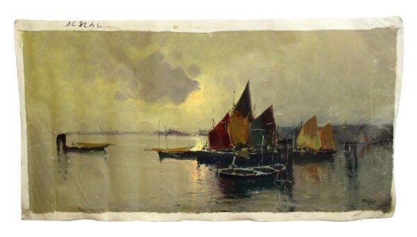 Unframed signed canvas painting showing sailboats on calm water with a muted sky and visible age wear along the edges.