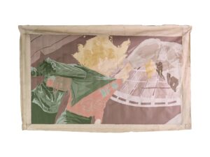 Posterized canvas artwork of a soccer player in green and pink tones with a tan border.