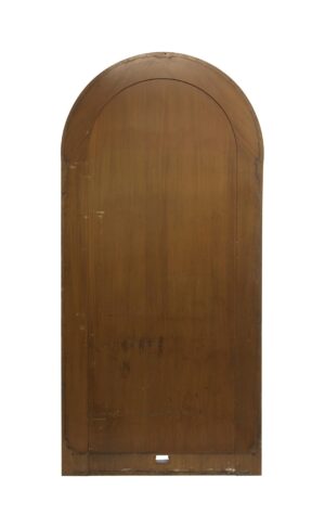 Arched mahogany wood panel with a dark wood tone and a small cutout near the bottom.