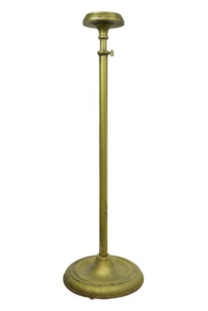 Adjustable pedestal with a wooden top and brass-plated steel base, shown in full length with a side-mounted slide bracket and some visible chipping in the finish.