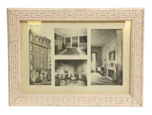 Framed black-and-white architectural photo showing the C.D. Gibson residence, with exterior, entrance hall, dining room, and living room views in a distressed pink and tan wood frame.