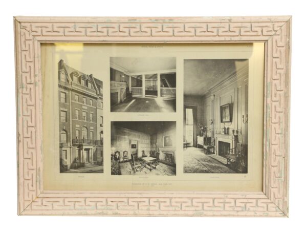 Framed black-and-white architectural photo showing the C.D. Gibson residence, with exterior, entrance hall, dining room, and living room views in a distressed pink and tan wood frame.