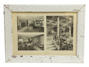 Framed black-and-white photograph of the Henry Poore residence with a distressed white wood frame, showing three interior views labeled first story hall, second story hall, and reception room.