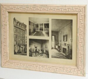 Framed vintage photo collage showing the C.D. Gibson residence, with exterior, entrance hall, dining room, and living room views in a distressed pink and tan wood frame.