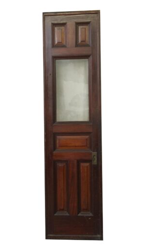 Vintage six-panel pocket door in dark wood tone with a large etched glass center panel and a visible roller at the bottom.
