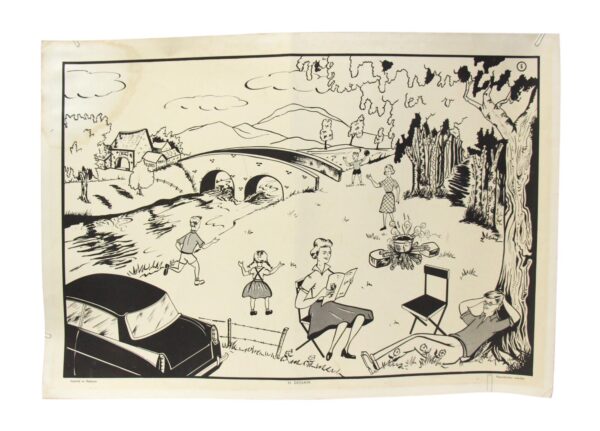 Black and white school poster showing a river scene with a bridge, a car, and a family with a campfire, printed on paper.