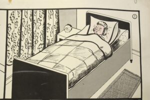 Black-and-white vintage school poster showing a woman sleeping in bed, with a bedside table, patterned curtains, and a room numbered 2 in the corner.