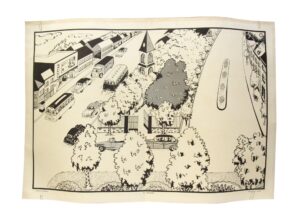 Black and white poster print showing an illustrated town scene with cars, buildings, trees, and a church tower.