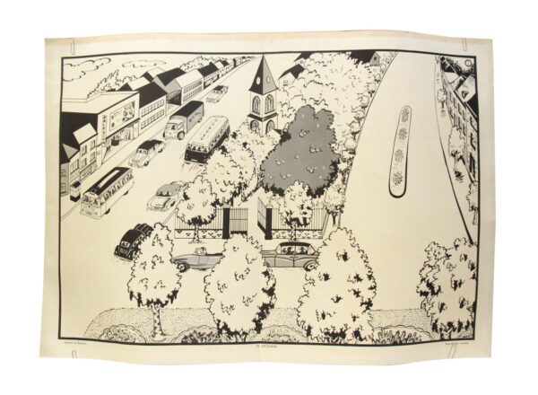 Black and white poster print showing an illustrated town scene with cars, buildings, trees, and a church tower.