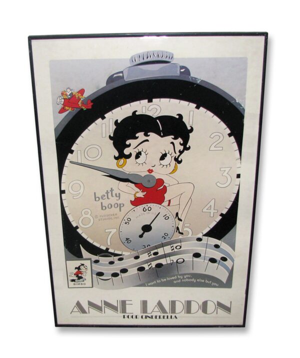 Framed poster featuring Betty Boop as a clock face with musical notes and the text Anne Laddon Poor Cinderella at the bottom.