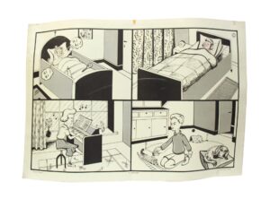 Black and white vintage school poster showing four scenes: a baby in a crib, a woman sleeping in bed, a woman playing piano, and a boy with a toy train beside a sleeping dog.