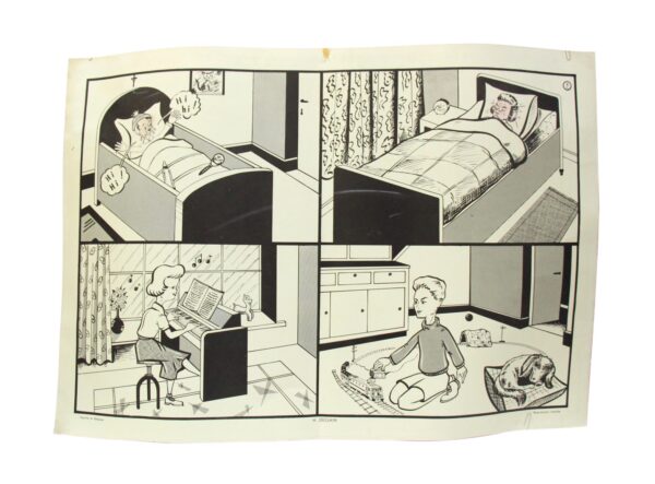 Black and white vintage school poster showing four scenes: a baby in a crib, a woman sleeping in bed, a woman playing piano, and a boy with a toy train beside a sleeping dog.