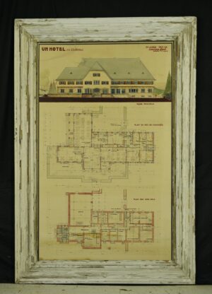 Prints - 1940s Pine Framed French Hotel Blueprint 62 x 42