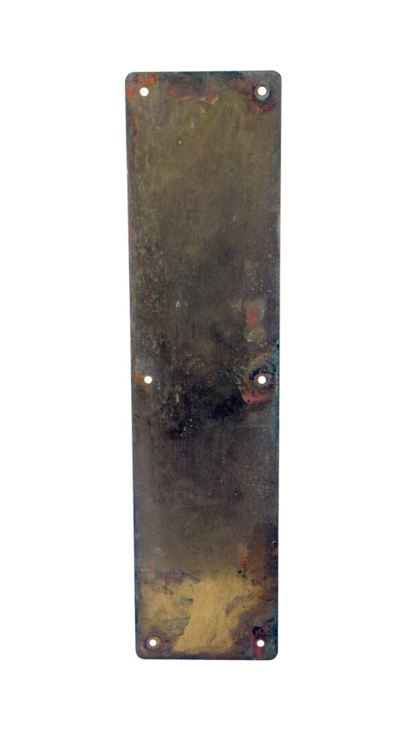 Antique brass door push plate shown vertically with four mounting holes and a plain rectangular shape.