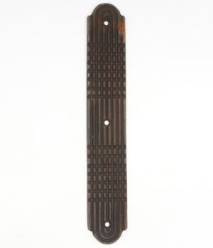 Art Deco cast bronze door push plate with a lined relief design and three mounting holes.