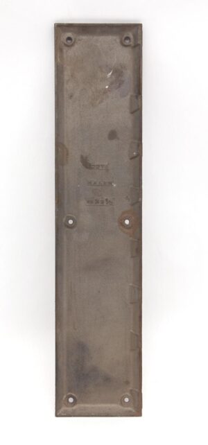 Cast iron beveled edge door push plate shown from the back with four mounting holes and a Salem inscription.