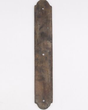 Art Deco cast bronze door push plate with a long narrow shape, rounded ends, and two mounting holes visible, shown with an aged dark antique finish.