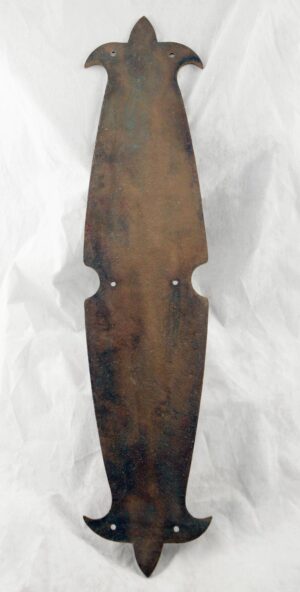 Vintage mid century brass door push plate with a long tapered shape and four mounting holes.