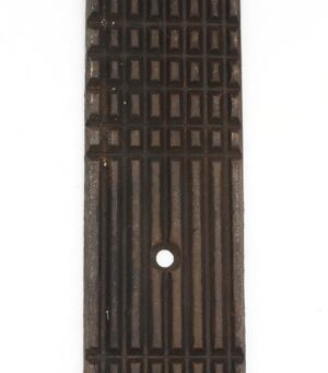 Art Deco cast bronze door push plate with a lined relief pattern and a mounting hole visible near the center.