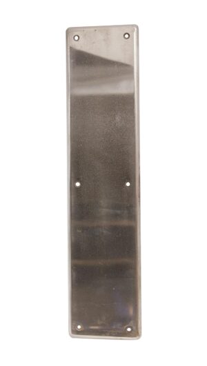Vertical brushed steel door push plate with rounded corners and six mounting holes.