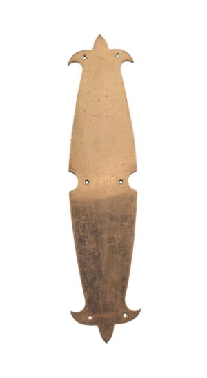 Vintage mid century polished brass door push plate with a tapered shape and four mounting holes, shown vertically.