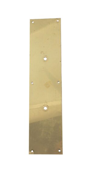 Vintage polished brass door pull back plate with six mounting holes and two larger center holes, shown vertically.