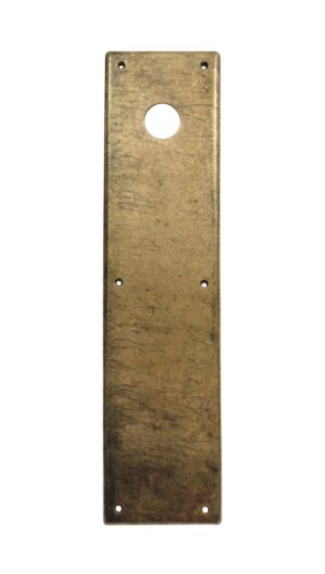 Vintage brass door push plate with a lock cutout and screw holes.