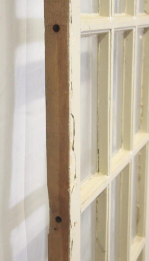 Close-up of a white 18-lite French door edge showing the wood frame and chipped paint along the stile.