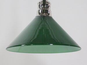 Green glass pendant light with a polished nickel top, shown in a front view.